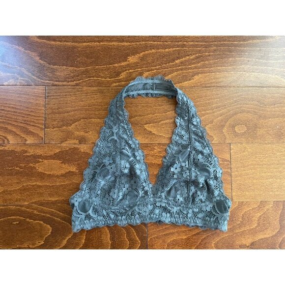 Free People Intimately Gray Medium Bra Bralette Wireless Halter Neck Floral Lace - Picture 1 of 5